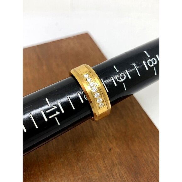 Men's Wedding Band Gold Tone Tungsten Cubic Zirconia 8mm Ring Size 10 - Picture 9 of 15